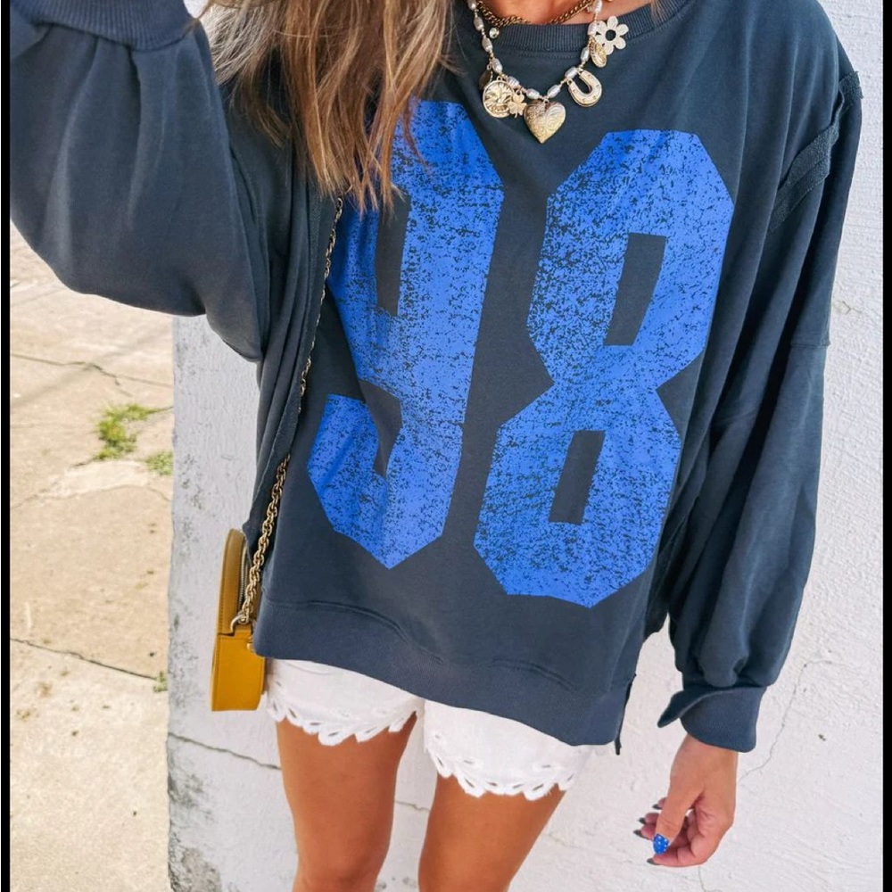 Blue Graphic varsity letterman sweatshirt